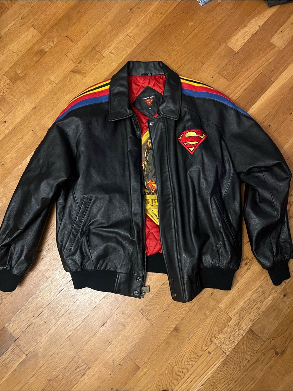 Vintage warner Bros. Black Leather Bomber Superman jacket man of steel xl